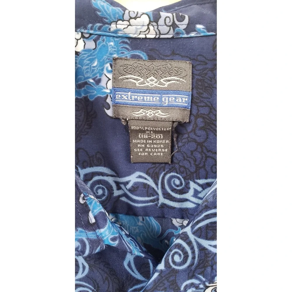 Extreme Gear Vintage Hawaiian Shirt Mens XL Blue Dragons Waves‎ Tribal Y2K Short